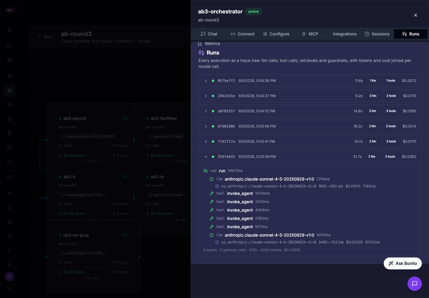 Production trace of a Claude orchestrator on AWS Bedrock fanning out to five specialists on Gemini, Groq, and Anthropic: 8 spans, 5150 to 1284 tokens, $0.038 total.