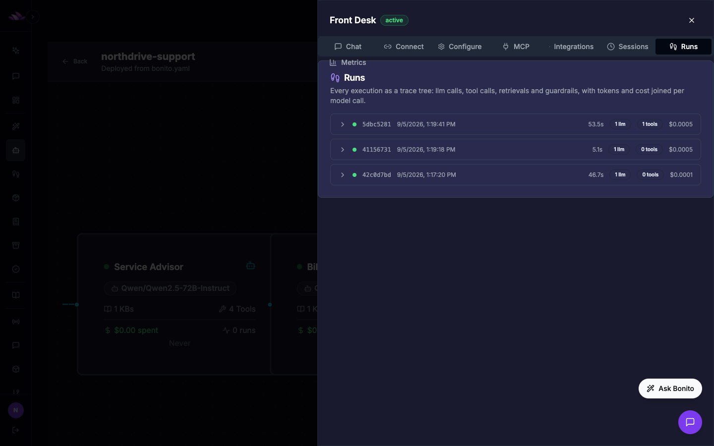 The Runs panel: every agent execution as a trace tree with model calls, tool calls, duration, and cost joined per run.